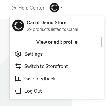 Catalog profile menu opened from the account avatar, showing the Settings option.