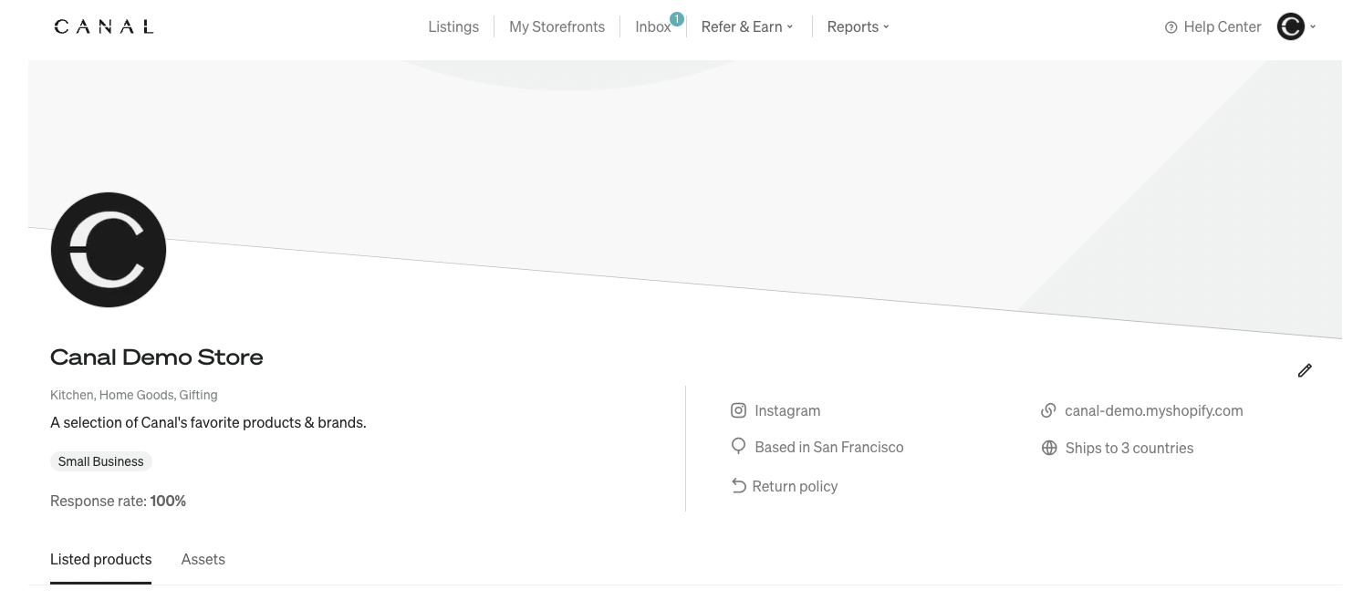 Catalog brand profile page showing the banner, logo, description, location, return policy link, and ships-to countries.