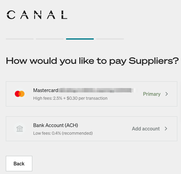 Catalog payment method step with a saved Mastercard and an option to add a lower-fee bank account (ACH).