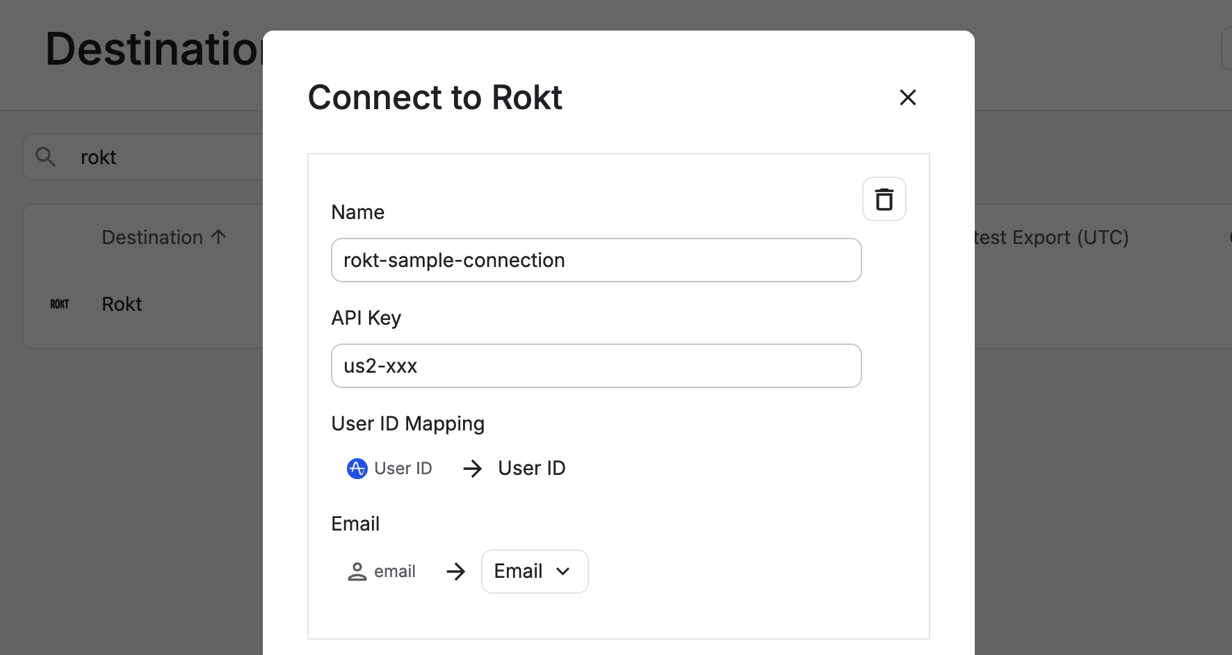 Rokt destination configuration in Amplitude showing the API key and user identifier mappings