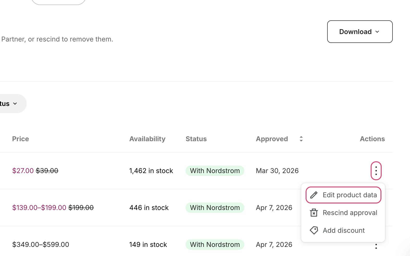 Products table scrolled to the Actions column with the three-dot menu open on Edit product data.