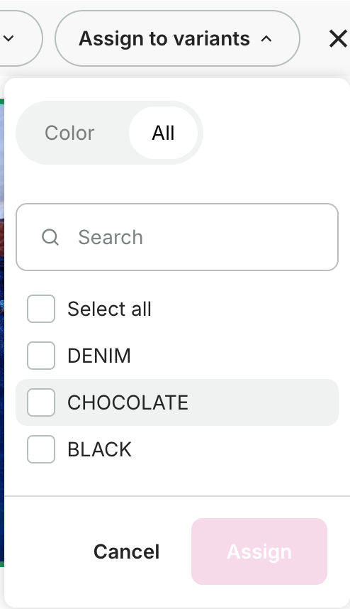 Assign to variants panel with variant selection options.