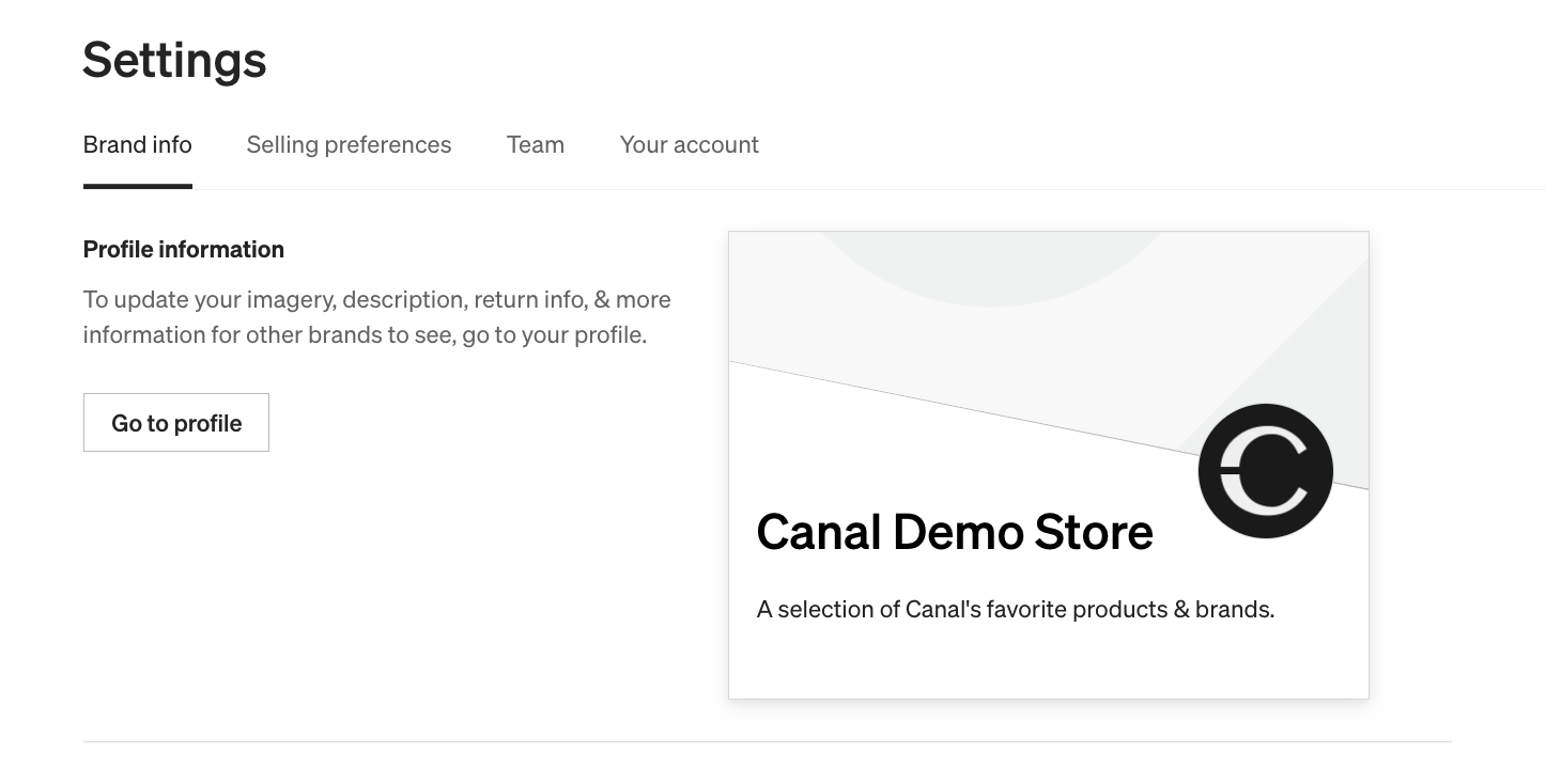 Catalog Settings showing the Brand info section with Go to profile button.