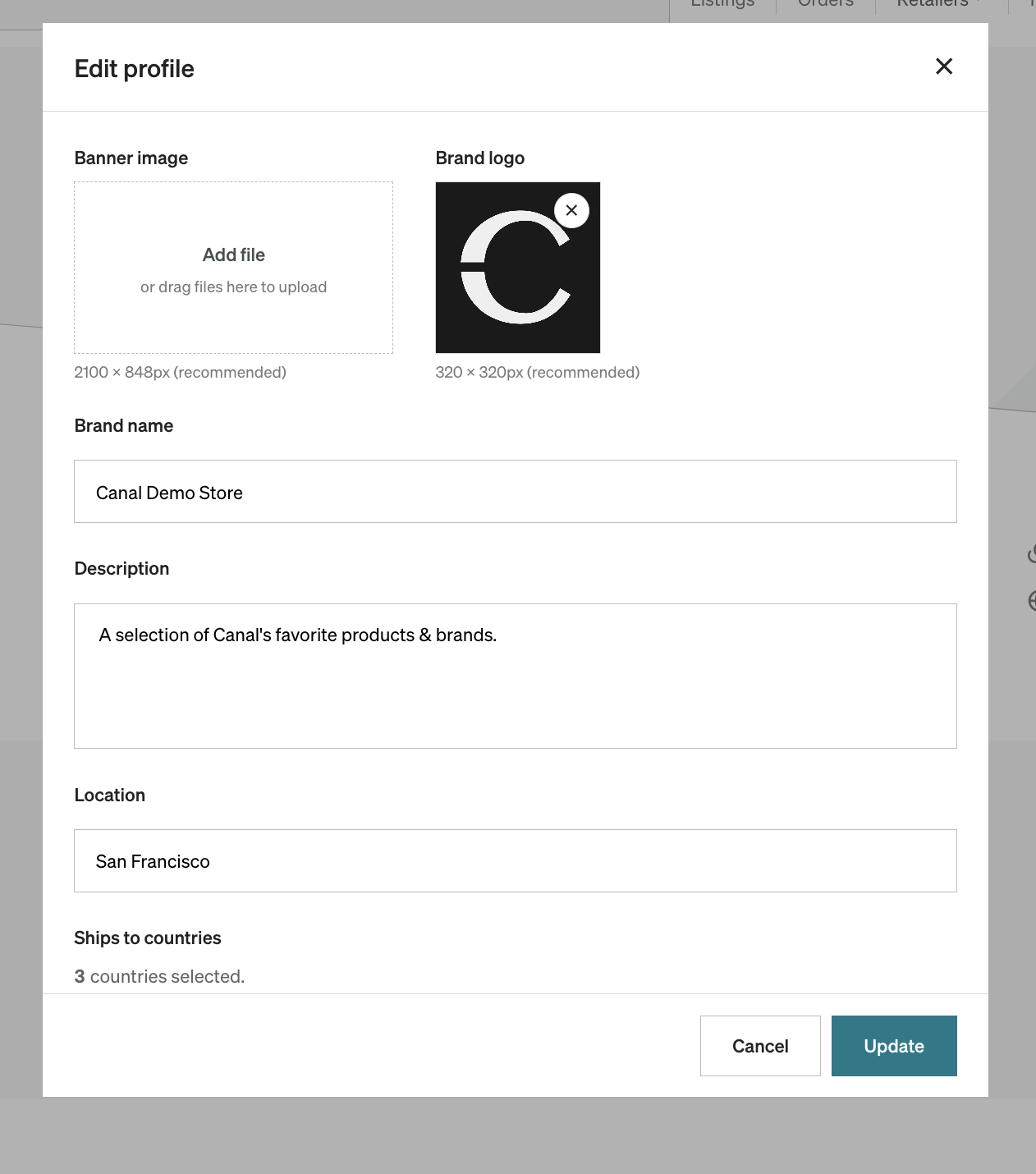 Catalog Edit profile modal with banner image, brand logo, brand name, description, location, and ships-to fields, plus the Update button.