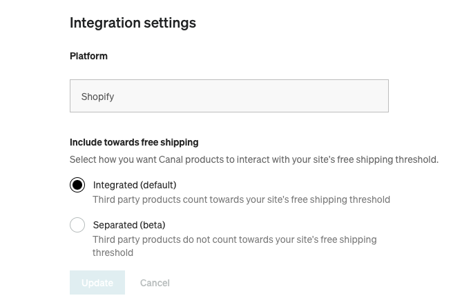 Catalog Integration settings showing the Include towards free shipping option with Integrated (default) selected.