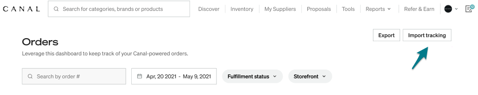 Catalog Orders page with an arrow pointing to the Import tracking button.