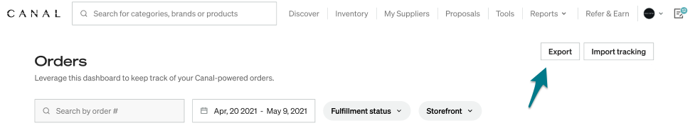 Catalog Orders page with an arrow pointing to the Export button.