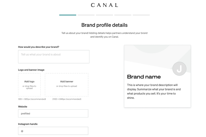 Catalog brand profile setup screen.