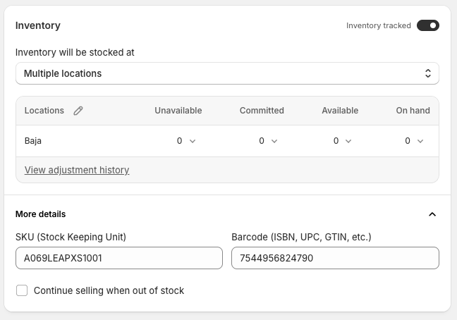 Shopify Inventory section with Barcode field