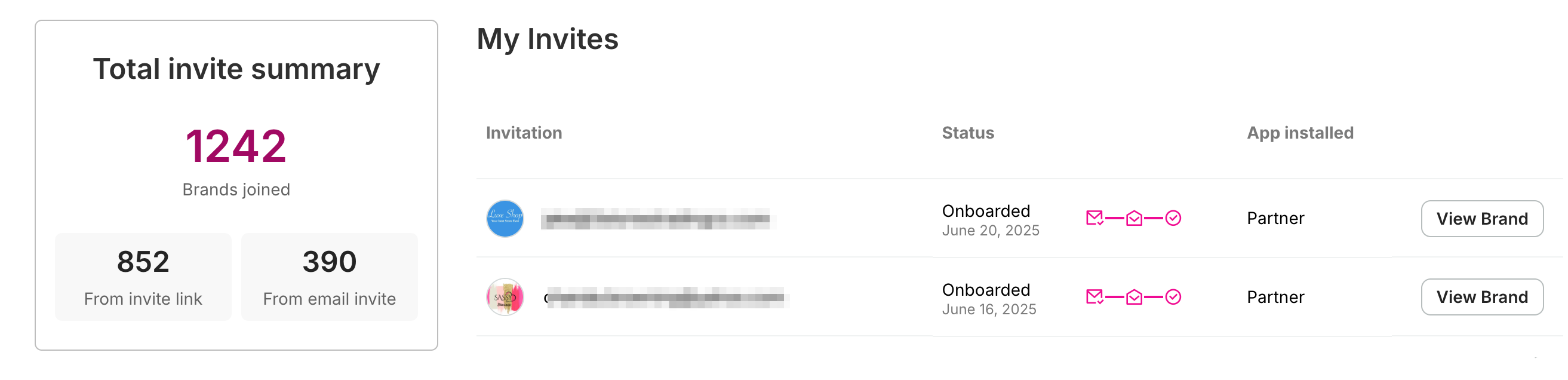 Catalog referral tracker showing invitation statuses for invited Brands.