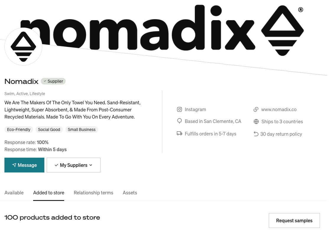 Catalog showing the sample request option on a Brand profile.
