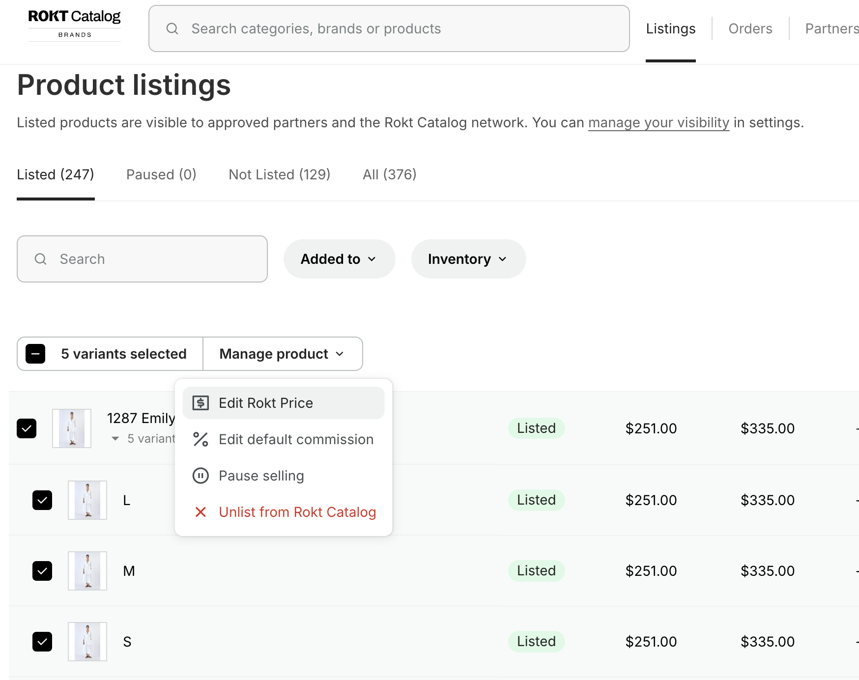 Product listings page with five variants selected and the Manage product menu open on Edit Rokt Price.