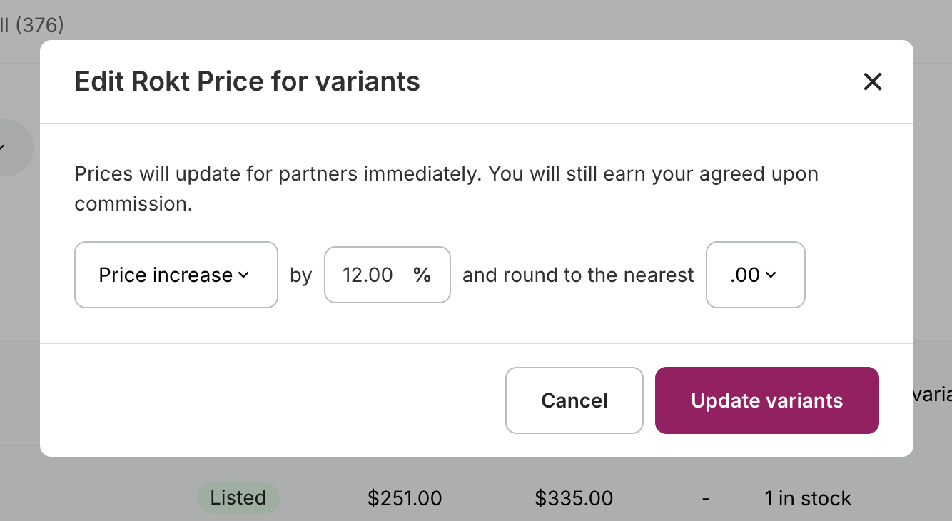 Rokt Price window showing percentage adjustment and decimal ending options.