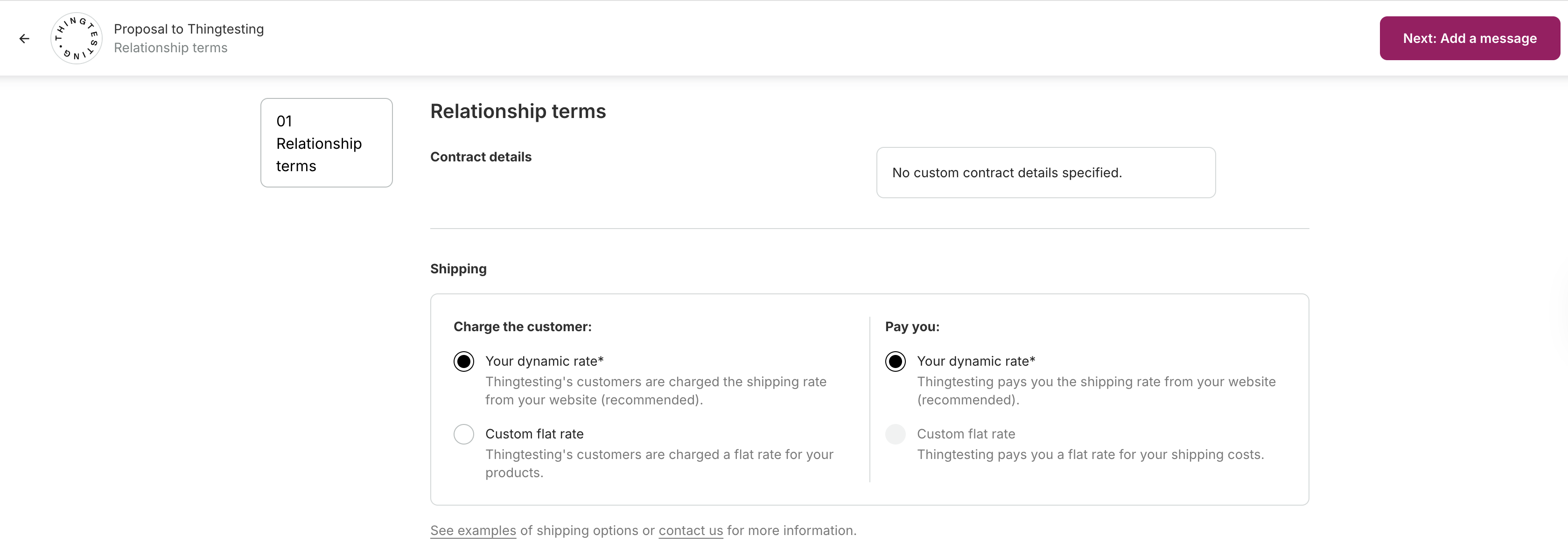 Catalog proposal screen showing the Brand's dynamic rate shipping option.