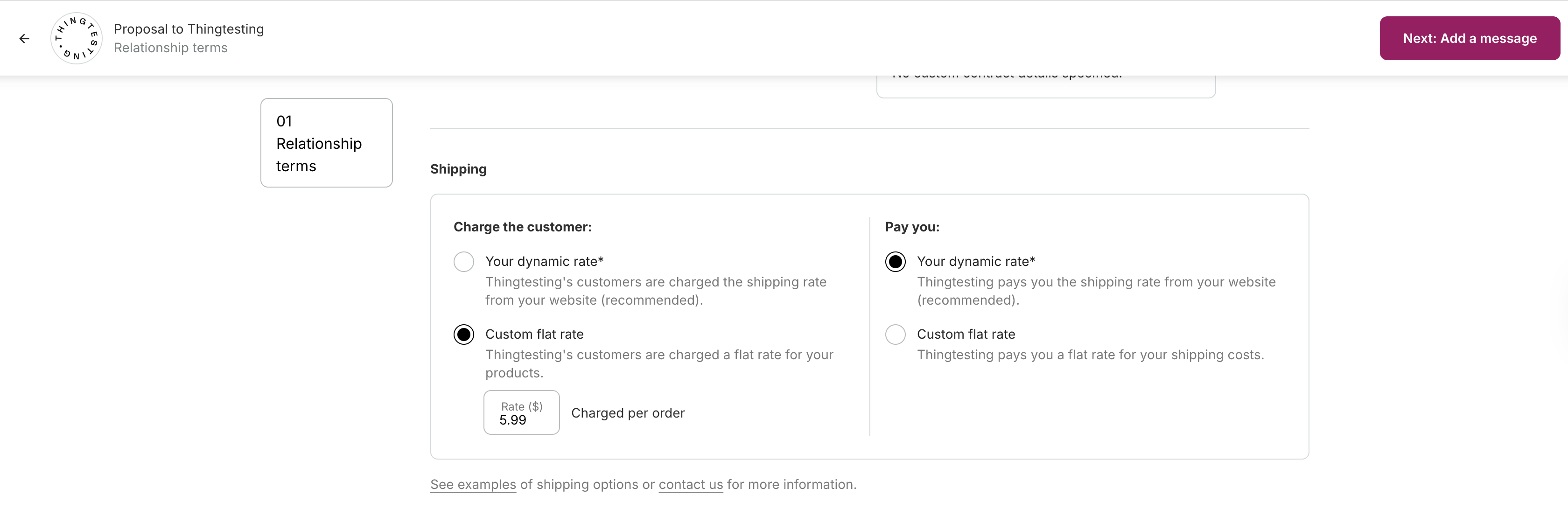 Catalog proposal screen showing a flat rate for customer and dynamic rate for Brand.