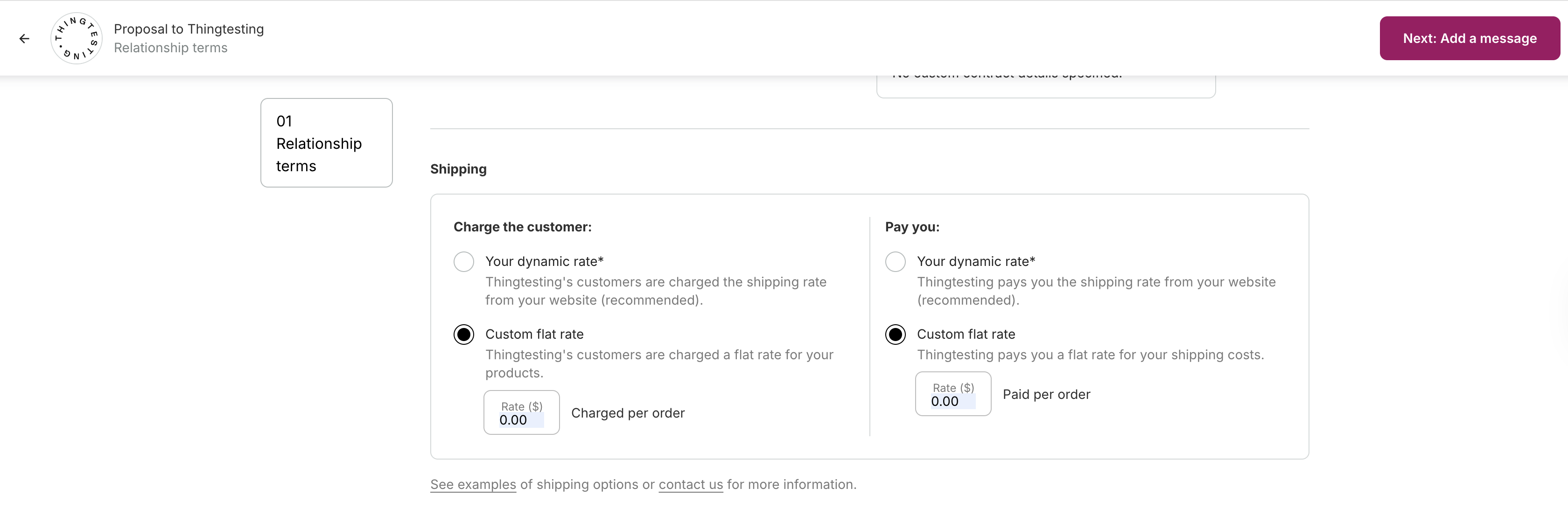 Catalog proposal screen showing free shipping configured with $0 on both sides.