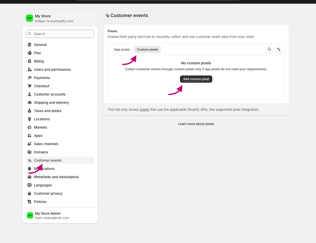 Shopify admin: Customer events and Custom pixels