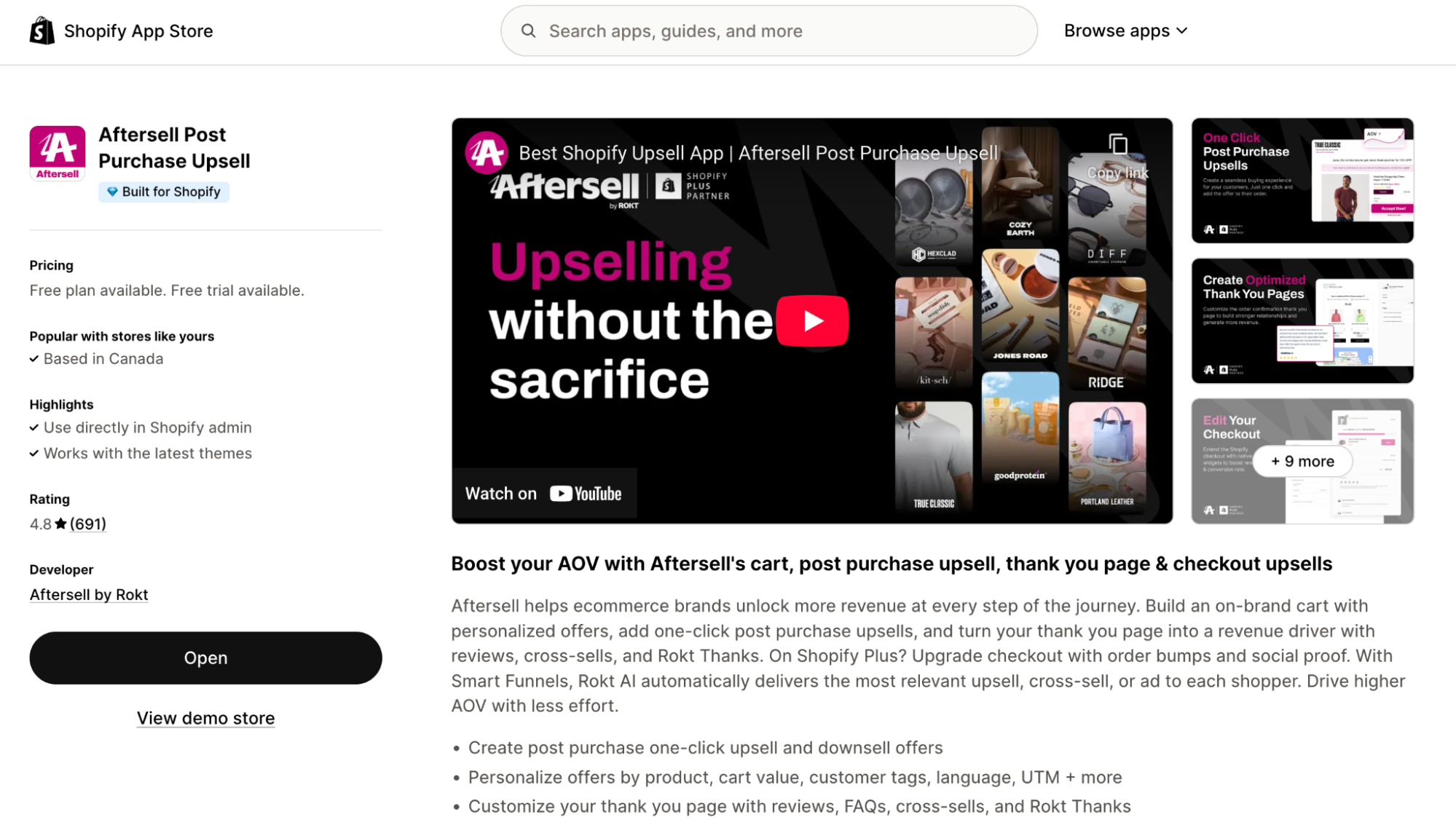 Aftersell app listing on the Shopify App Store