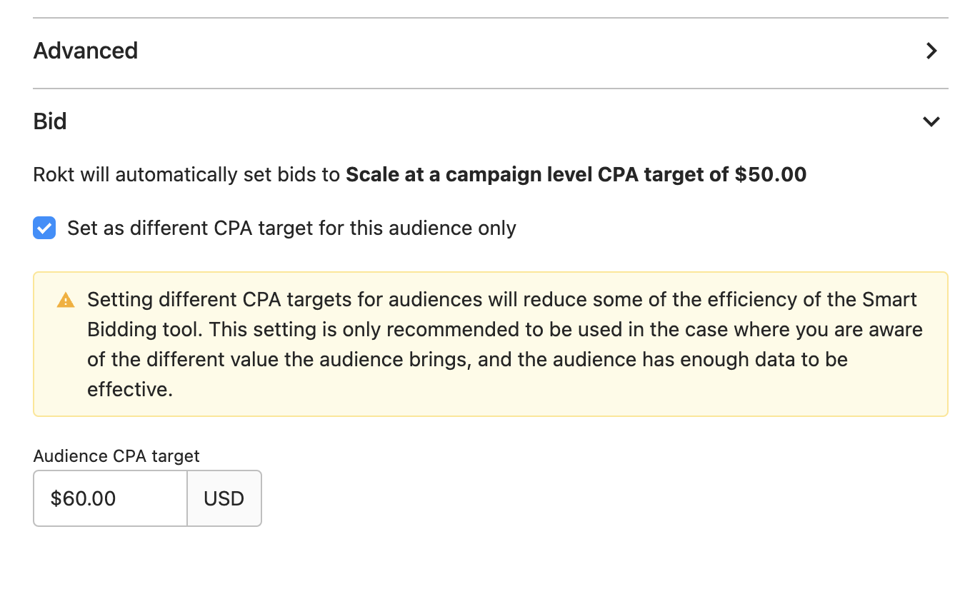 audience bid section for scale at a CPA target