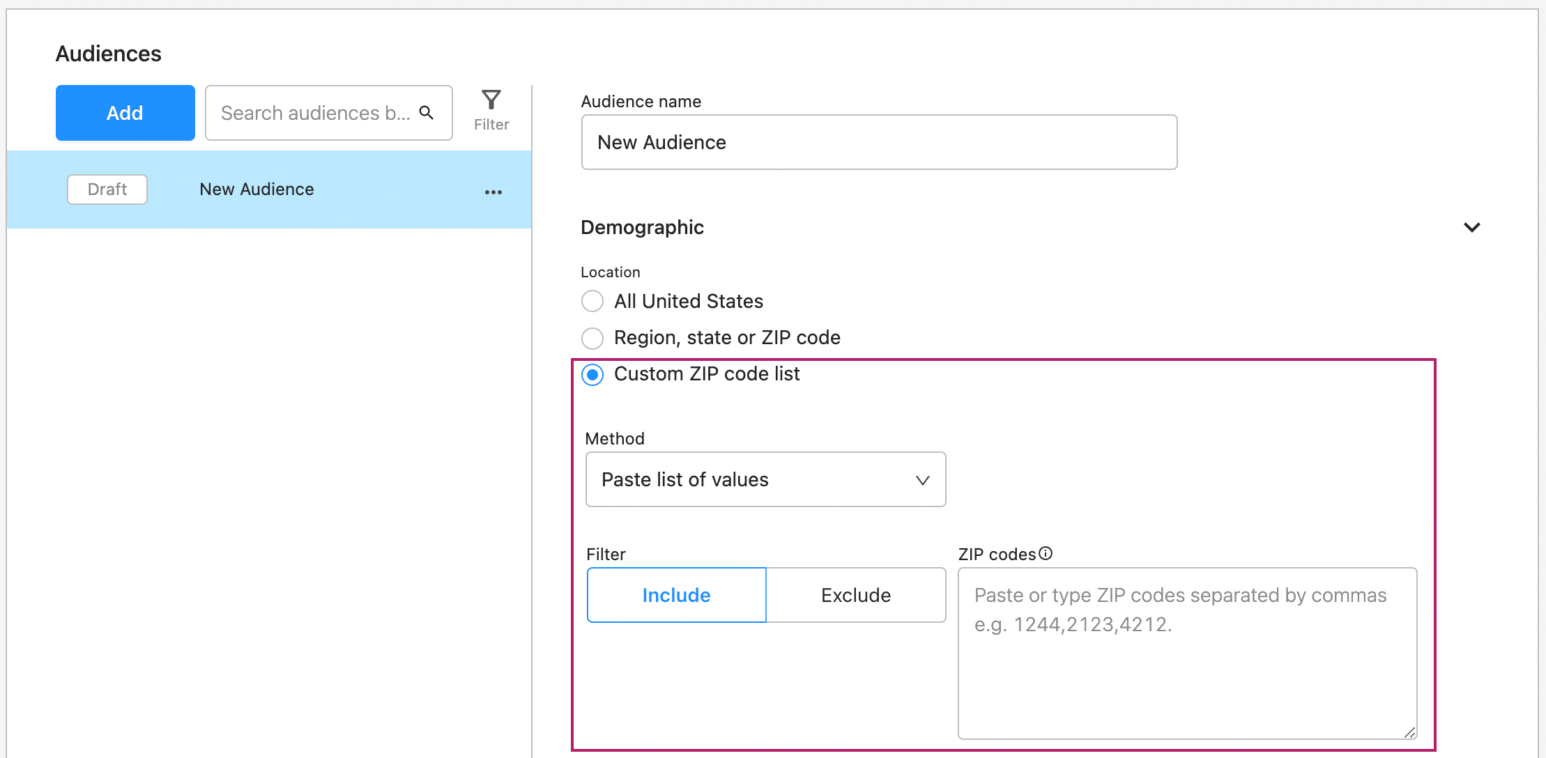 Custom postal code list - manual entry