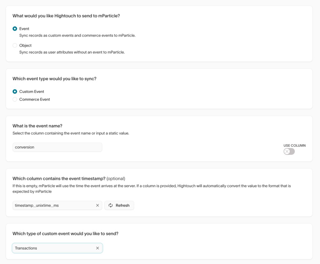 Configuration standard des événements Hightouch