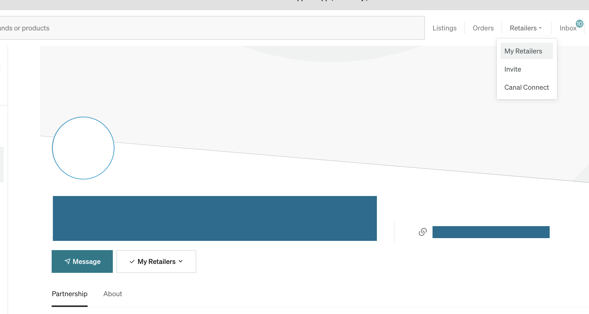 Catalog Partner profile showing the Message button.
