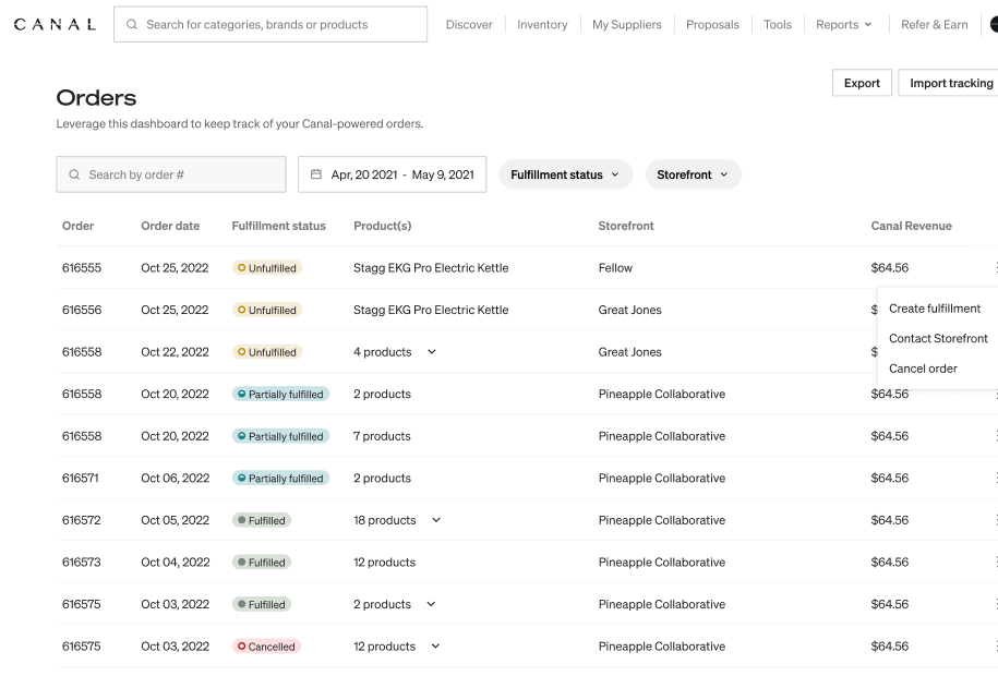 Catalog Orders list with the three-dot menu open on an order, showing the Create fulfillment option.