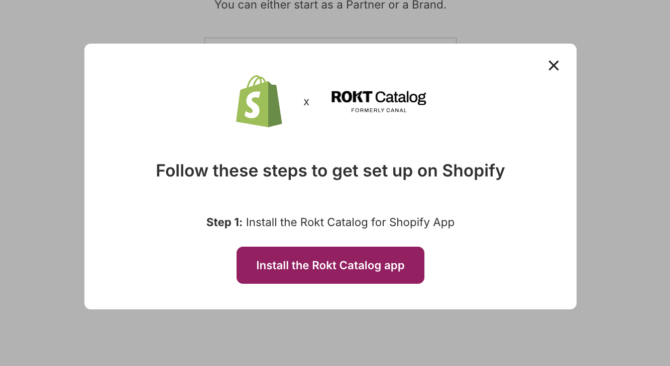 Catalog onboarding screen showing the Install the Rokt Catalog app button.