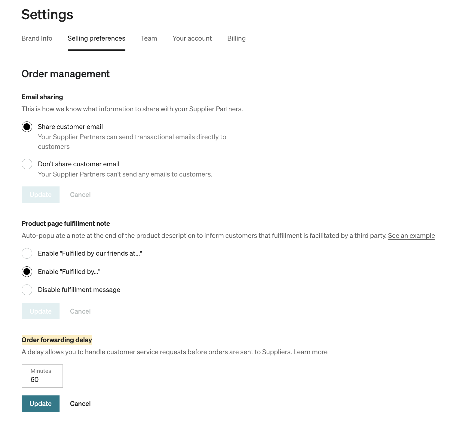 Catalog Settings showing the Order management section with order delay field.