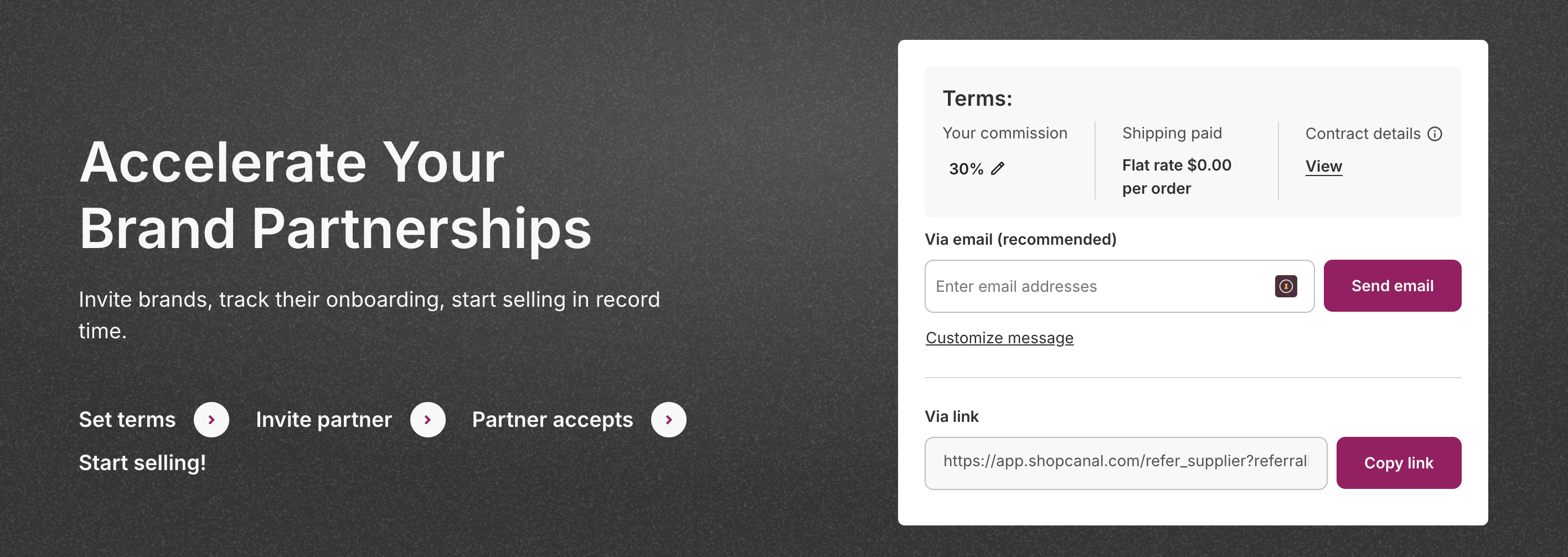 Catalog invite screen showing the email and custom link invitation options.