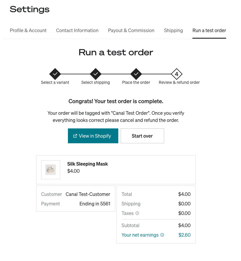 Catalog test order confirmation screen showing order cost breakdown and earnings.