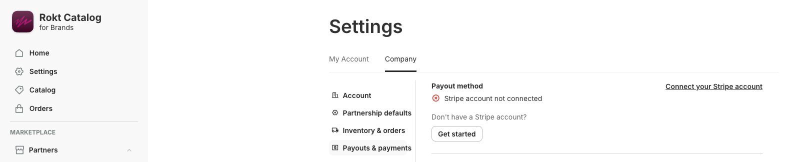 Catalog Settings on the Company tab with Payouts & payments selected, showing the Connect your Stripe account link.