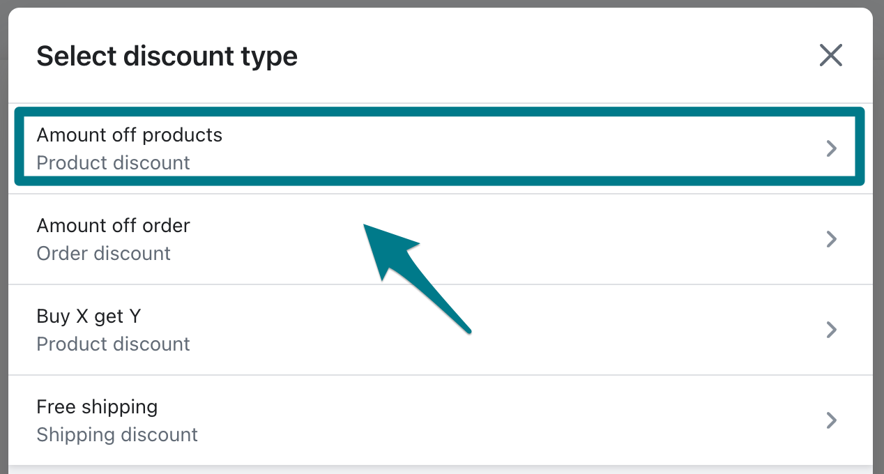 Shopify discount creation page showing the Amount off products option.
