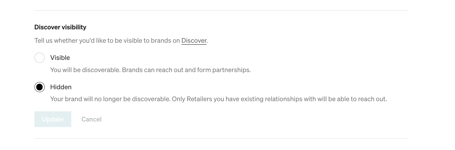 Catalog Settings showing the Discover visibility toggle set to Hidden.