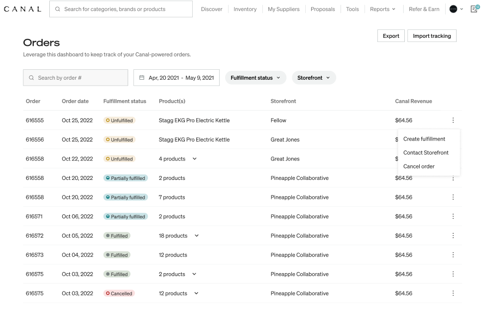 Catalog Orders page showing the Cancel order option.