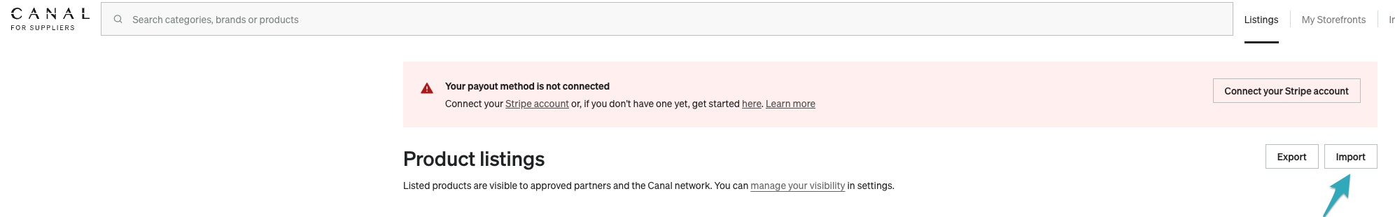 Catalog page showing the CSV upload option for EDI brands.