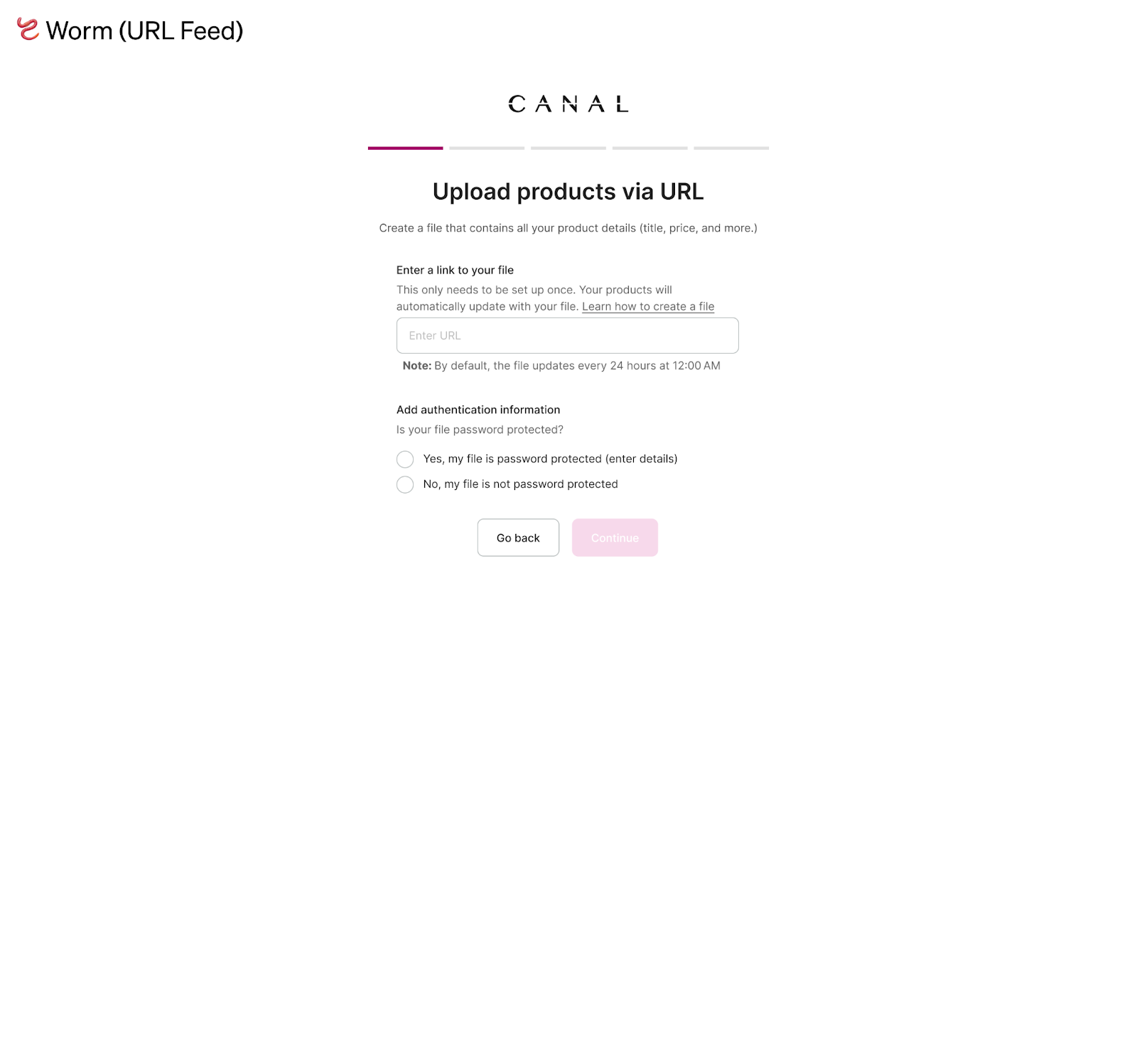 Catalog onboarding screen showing the URL input field for product data.
