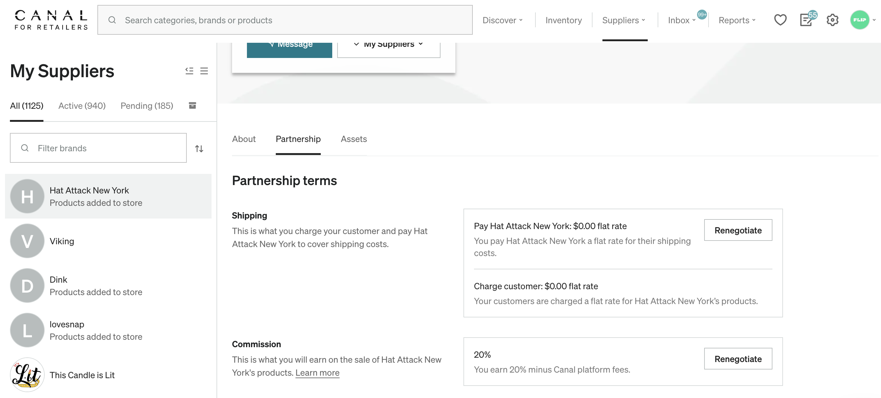 Catalog Partnership terms showing the Renegotiate button next to Commission.