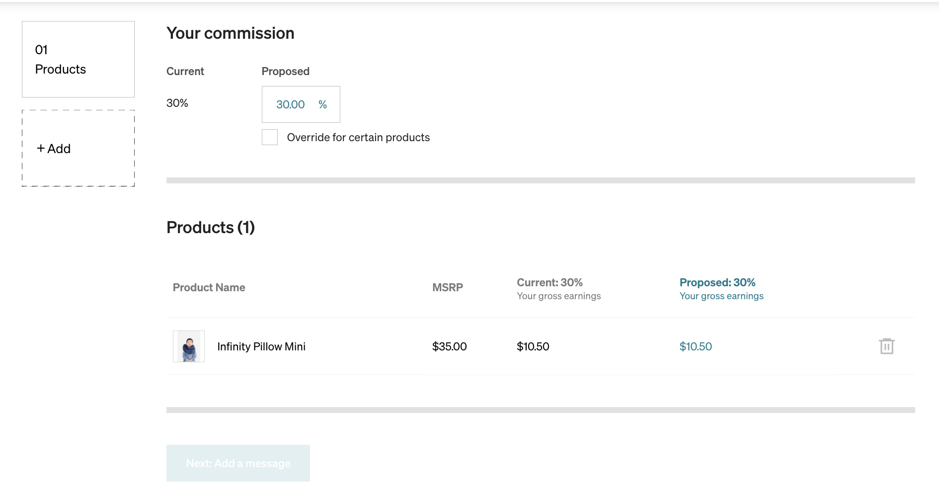 Catalog commission renegotiation screen with current and proposed commission fields and the resulting gross earnings per product.