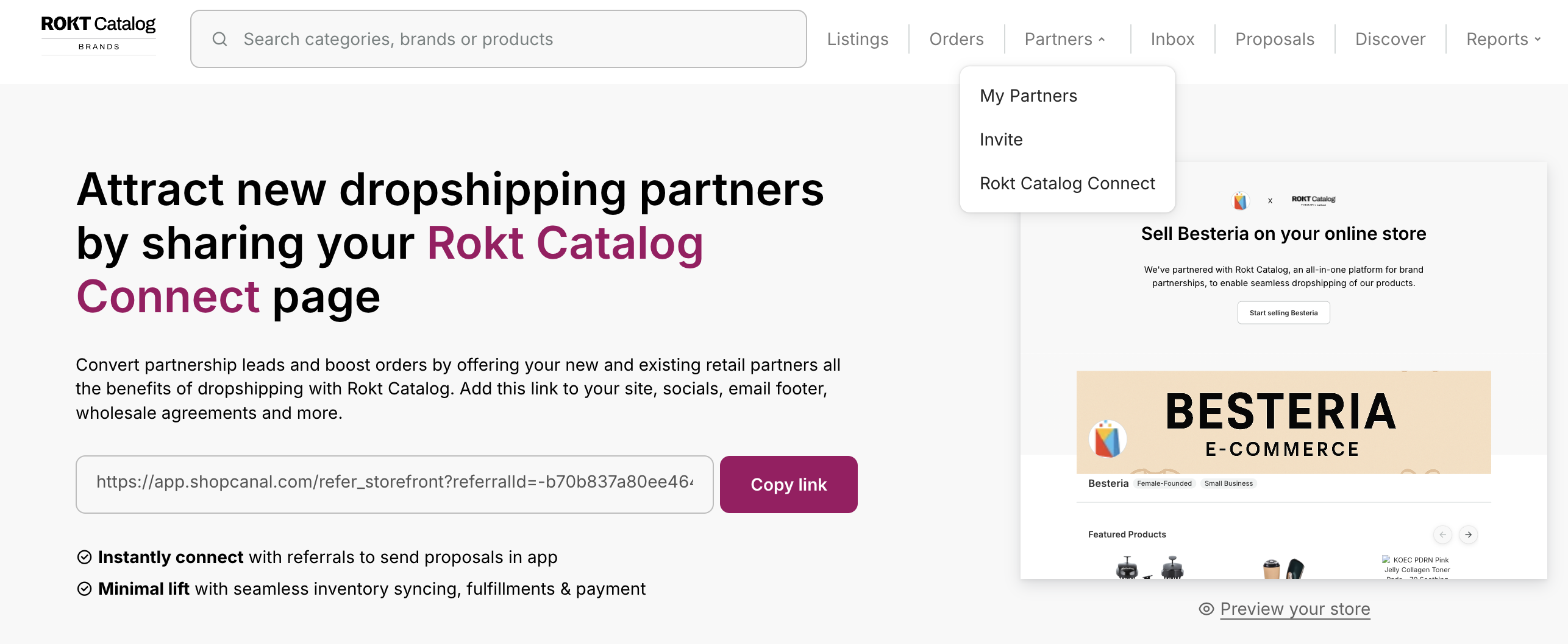 Catalog app showing the Catalog Connect page with a custom referral link.