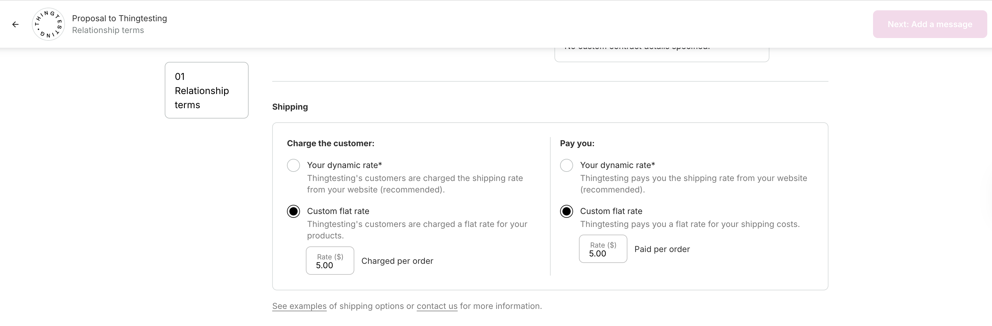 Catalog proposal screen showing the flat rate shipping option.