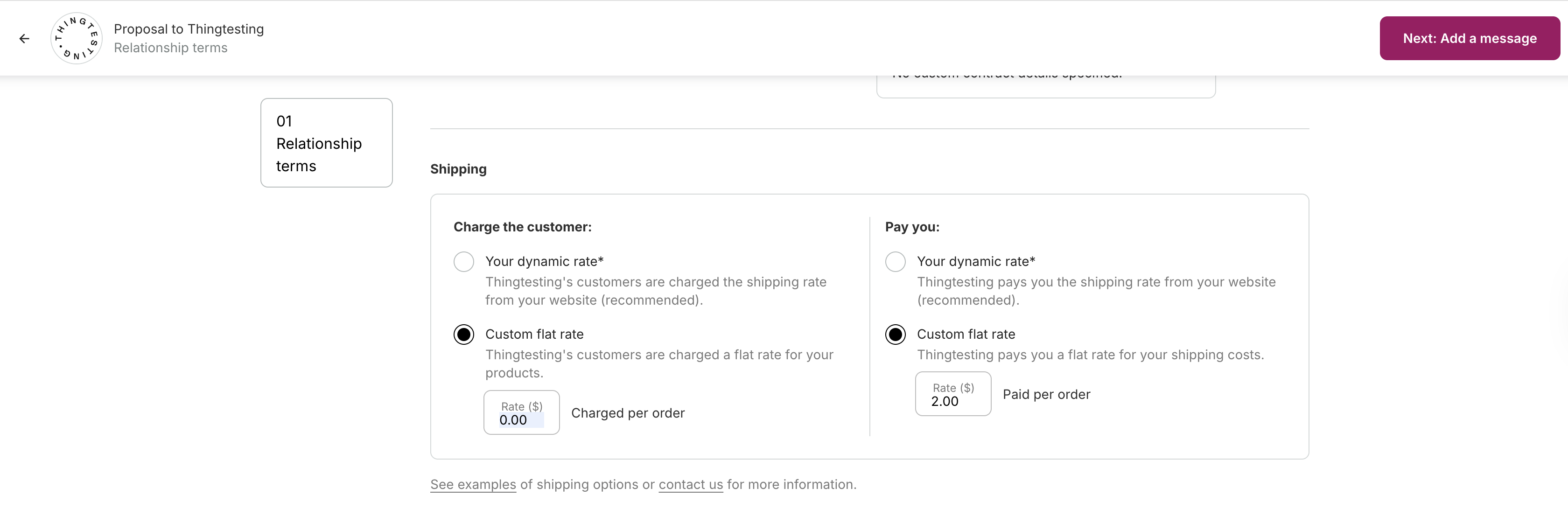 Catalog proposal screen showing a flat rate with $0 customer charge and $2 Brand payment.