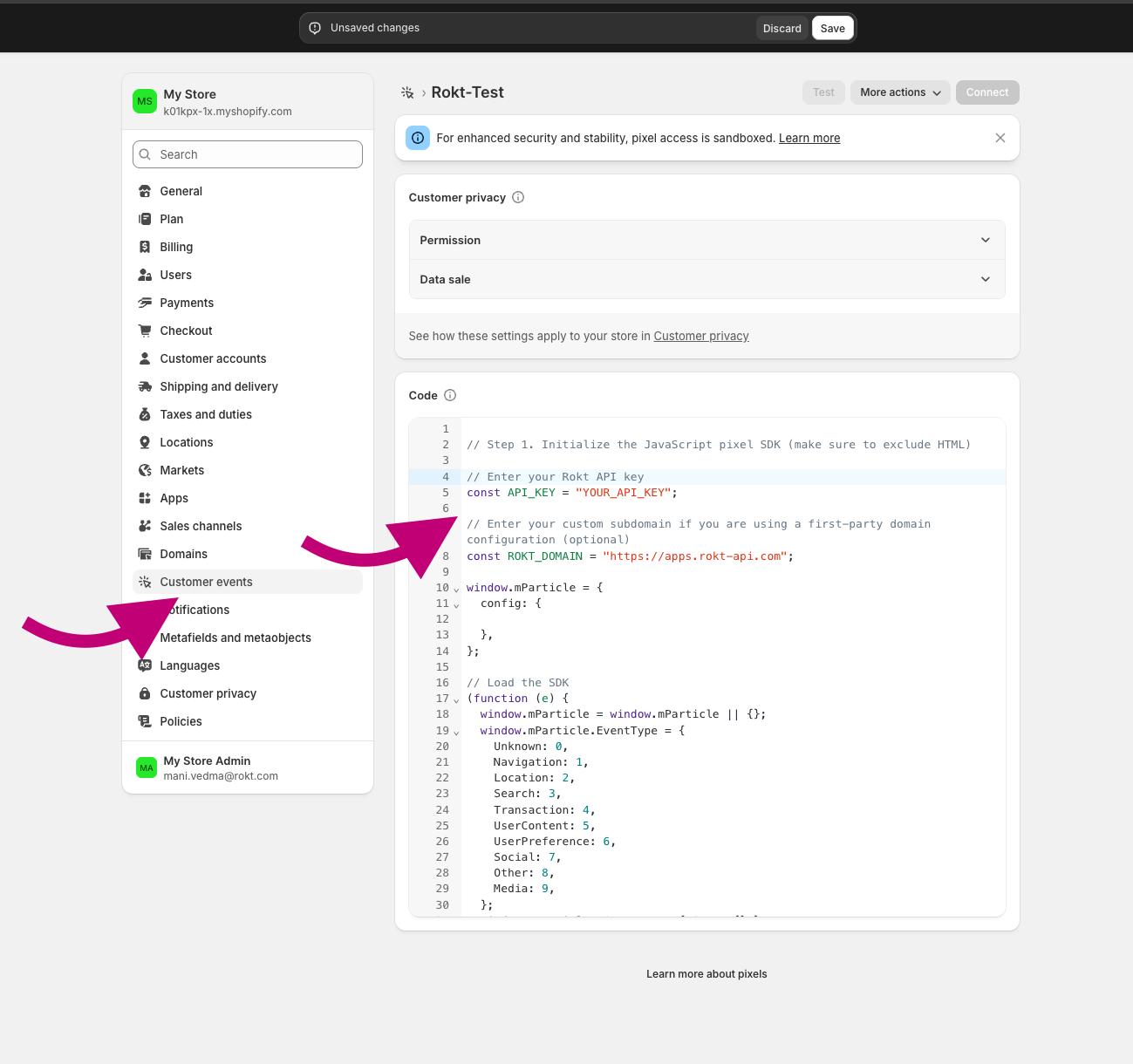 Shopify admin: Customer events and Custom pixels