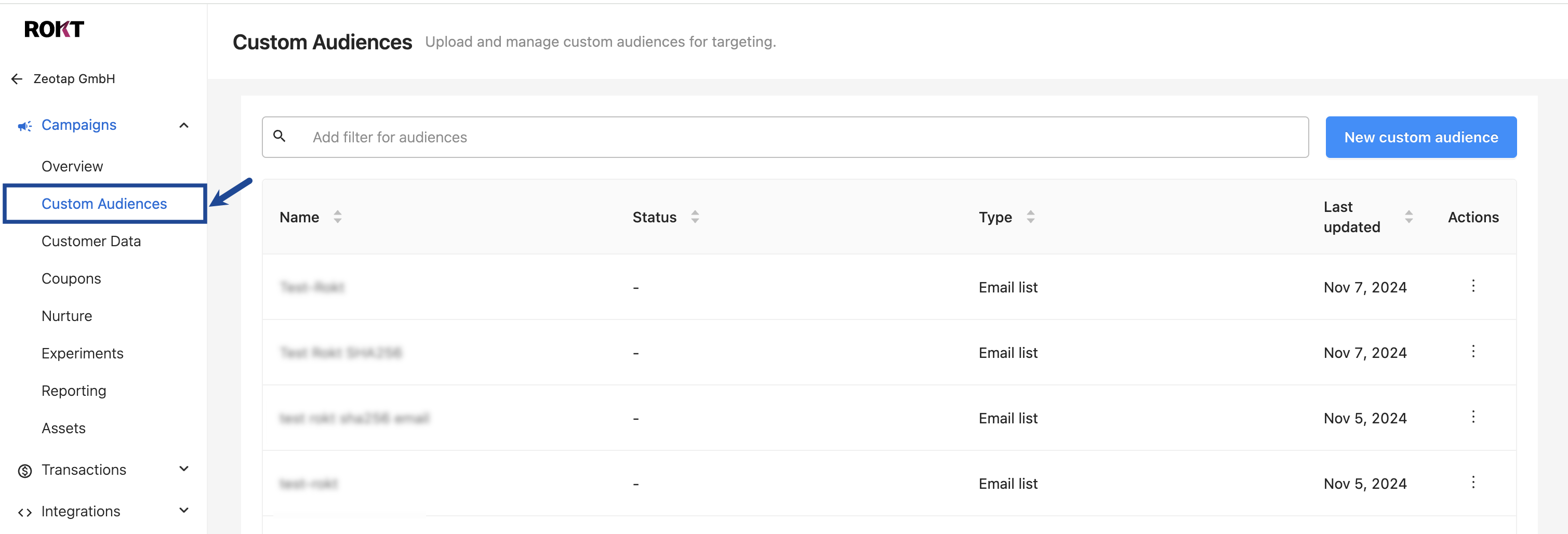 finding custom audience within Rokt UI